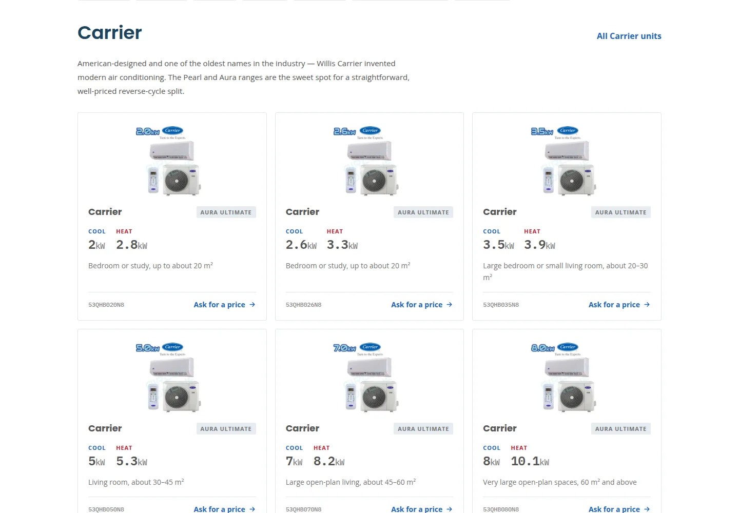 Aircons Online catalogue showing air conditioning brands and product listings