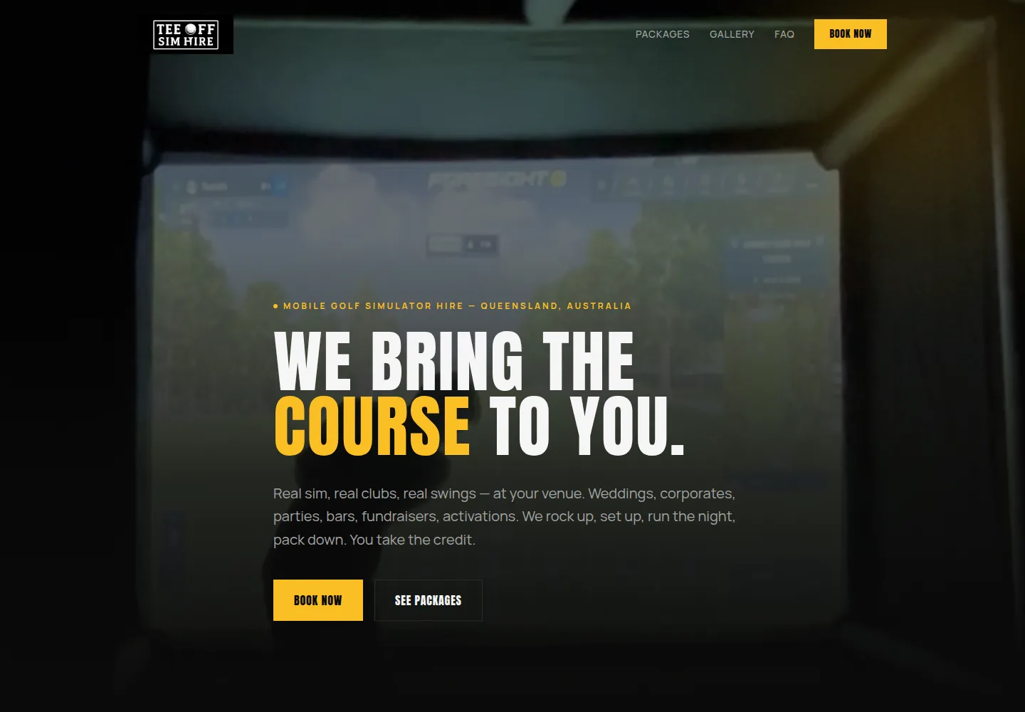 Tee Off Sim Hire homepage showing its golf simulator experience and event enquiry links