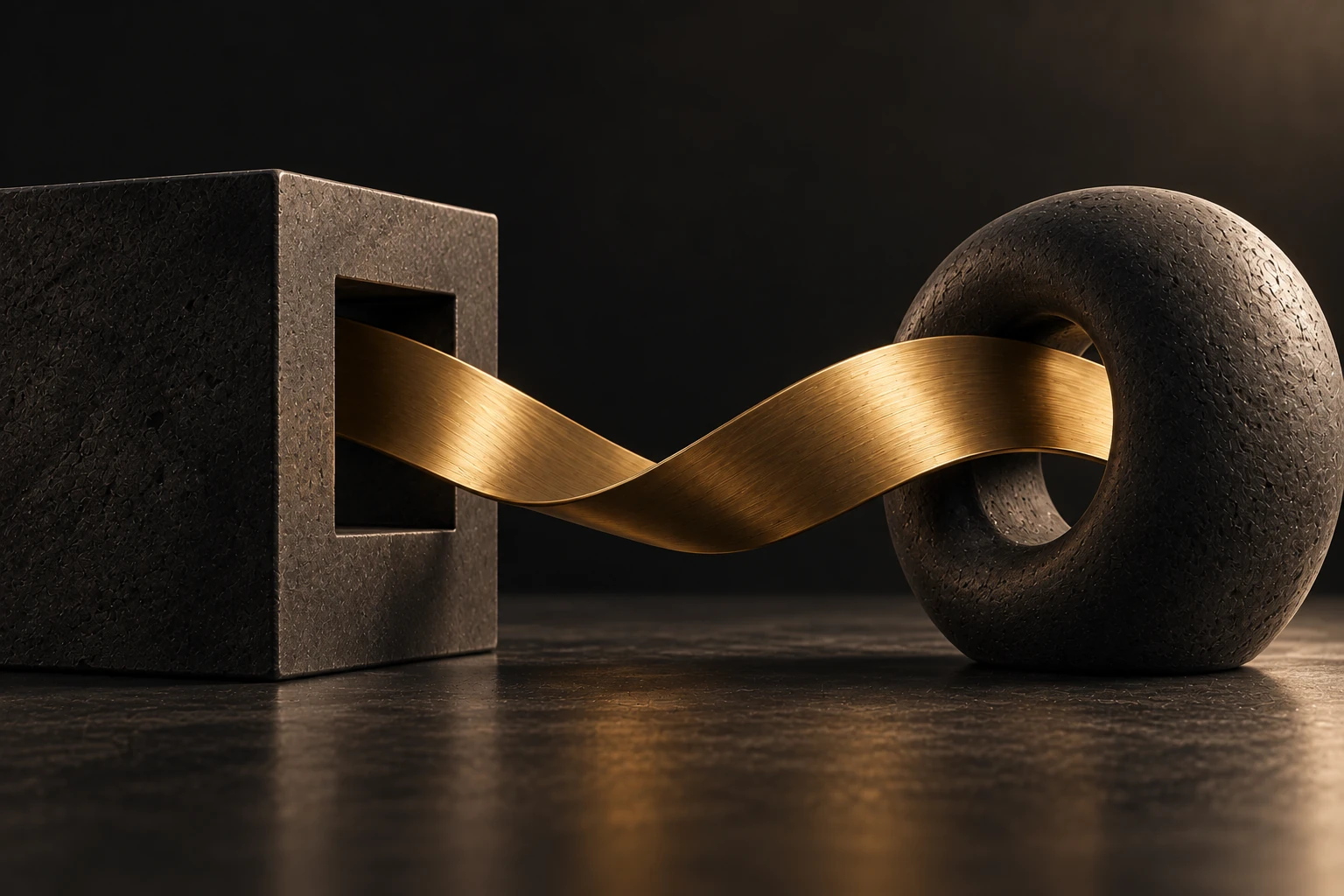 A continuous gold ribbon passing through two dark sculptural forms.