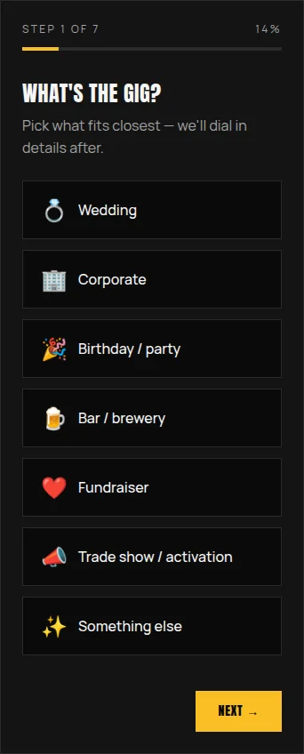 Tee Off enquiry form asking which type of event the customer is planning