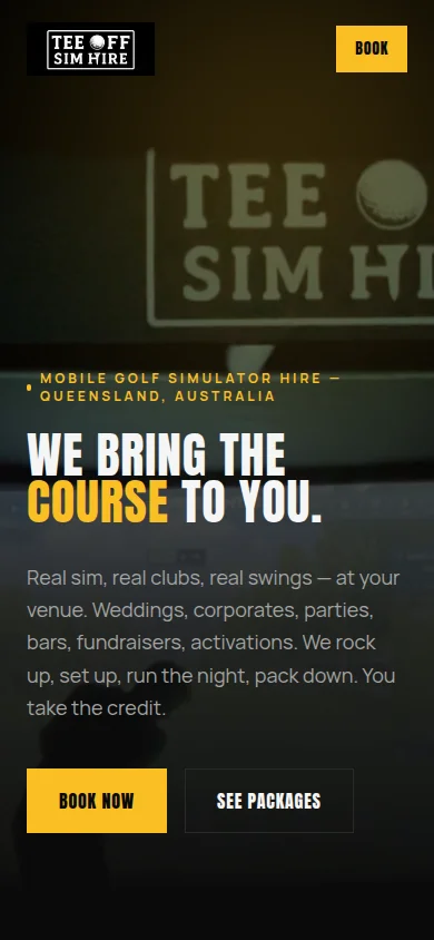 Tee Off’s live mobile homepage introducing its golf simulator hire experience