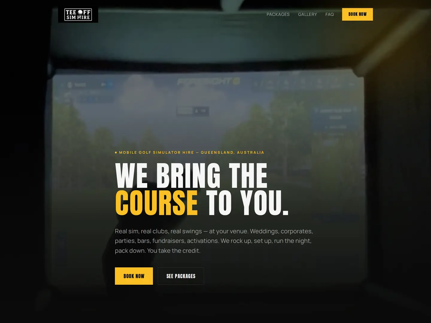 Tee Off Sim Hire website design, shown in a browser frame